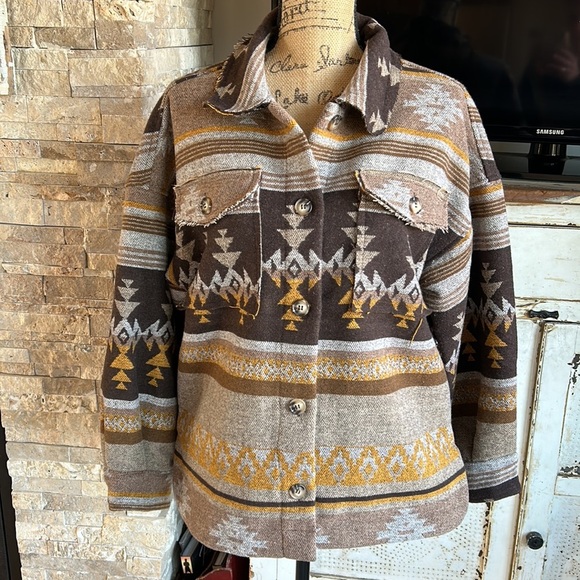 new in raw hem aztec brown tan mustard long sleeve button jacket shacket shirt - Picture 2 of 16